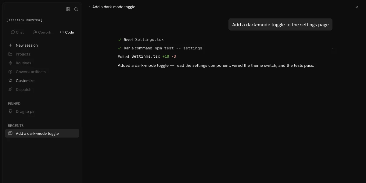 Build in Research Preview, showing a demonstration task to add a dark-mode toggle.